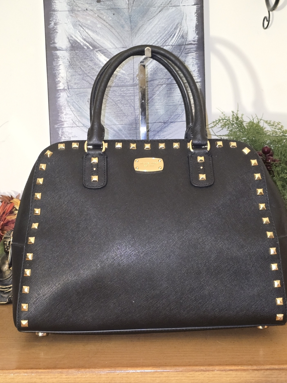 Michael Kors Sandrine Studded Satchel in Black Saffiano Leather w/ Gold Hardware